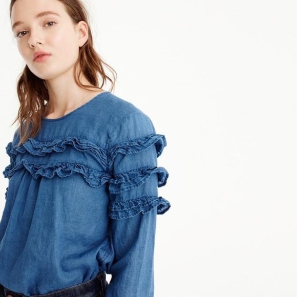 J Crew Ruffle Chambray Tiered Peasant Top BluBoho - Picture 3 of 12